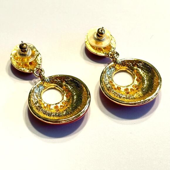 Mod pierced earrings 1980s style Goldtone drop & dangle hot pink enamel finish - Picture 4 of 6